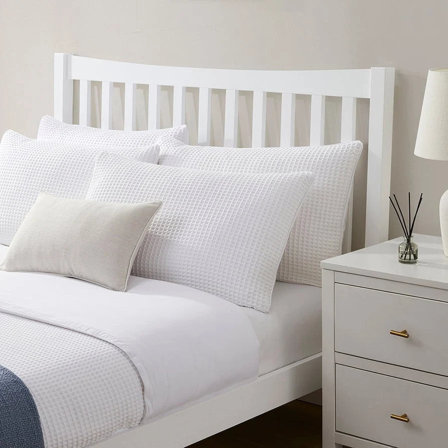 White Wooden Bed with Slatted Headboard furnitell