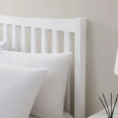 White Wooden Bed with Slatted Headboard furnitell