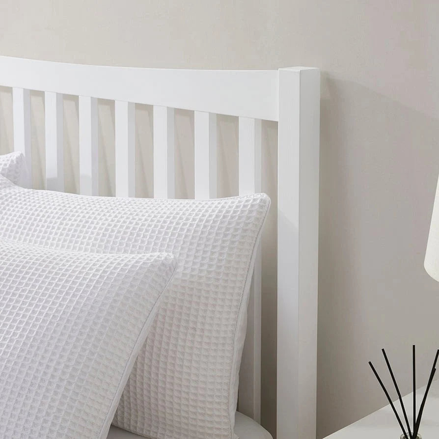 White Wooden Bed with Slatted Headboard furnitell