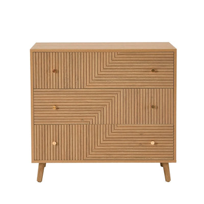 Light Wood 3 Drawer Chest with Fluted & Geometric Front Furnitell