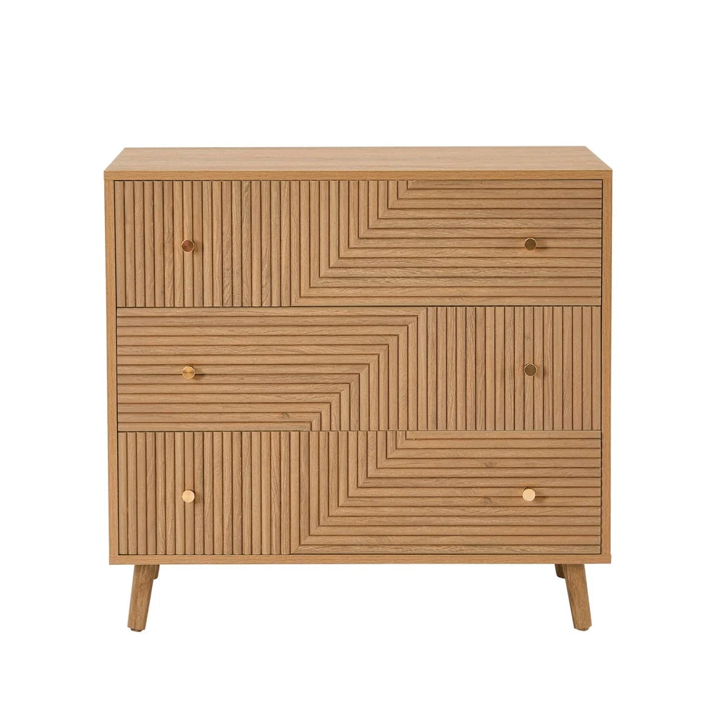 Light Wood 3 Drawer Chest with Fluted & Geometric Front Furnitell
