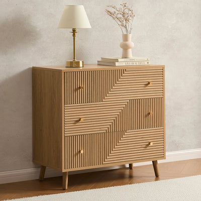Light Wood 3 Drawer Chest with Fluted & Geometric Front Furnitell