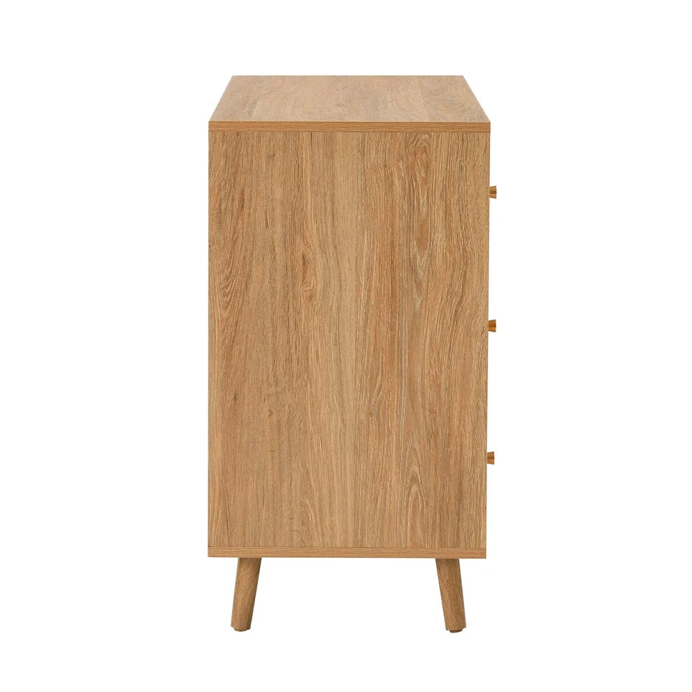 Light Wood 3 Drawer Chest with Fluted & Geometric Front Furnitell