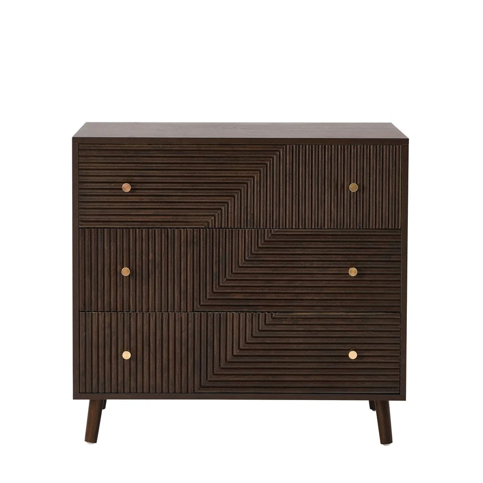 Walnut 5 Drawer Chest with Fluted & Geometric Front Furnitell
