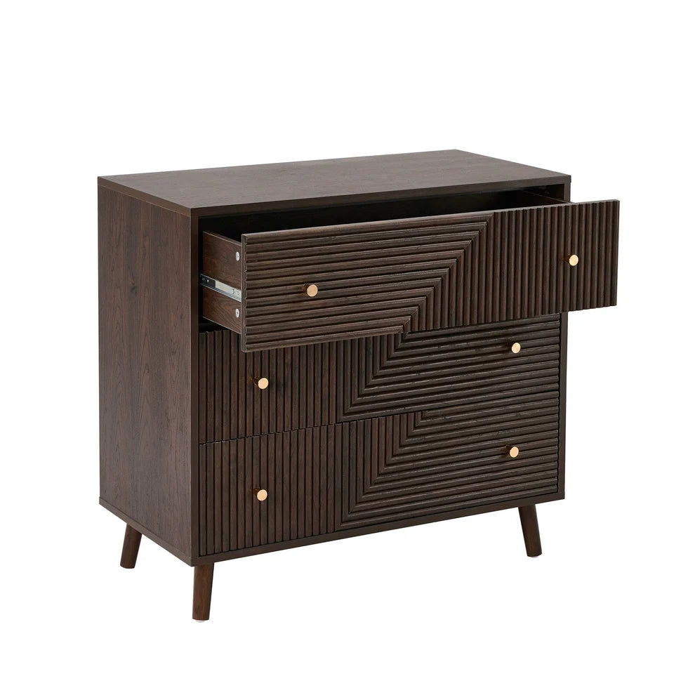 Walnut 5 Drawer Chest with Fluted & Geometric Front Furnitell