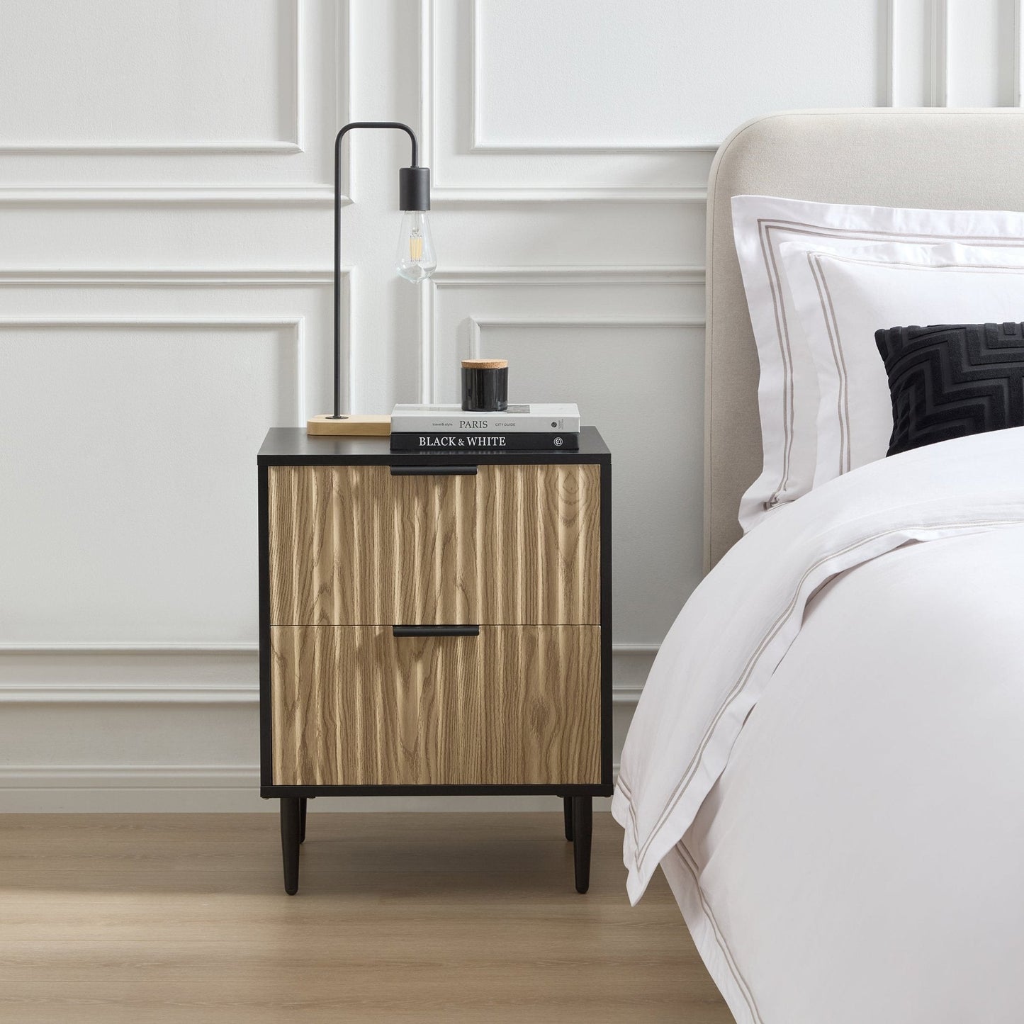 Evie 2 Drawer Bedside Table - Black/Wood Effect