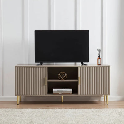 Taupe Wooden TV Unit with 2 Fluted Doors & Open Shelves furnitell