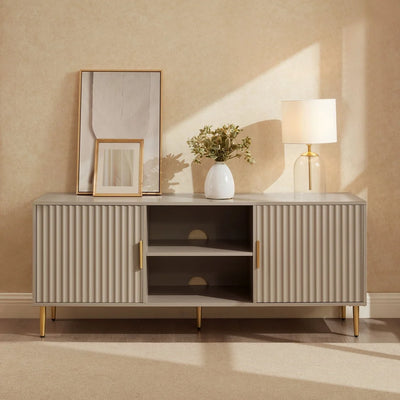 Taupe Wooden TV Unit with 2 Fluted Doors & Open Shelves furnitell