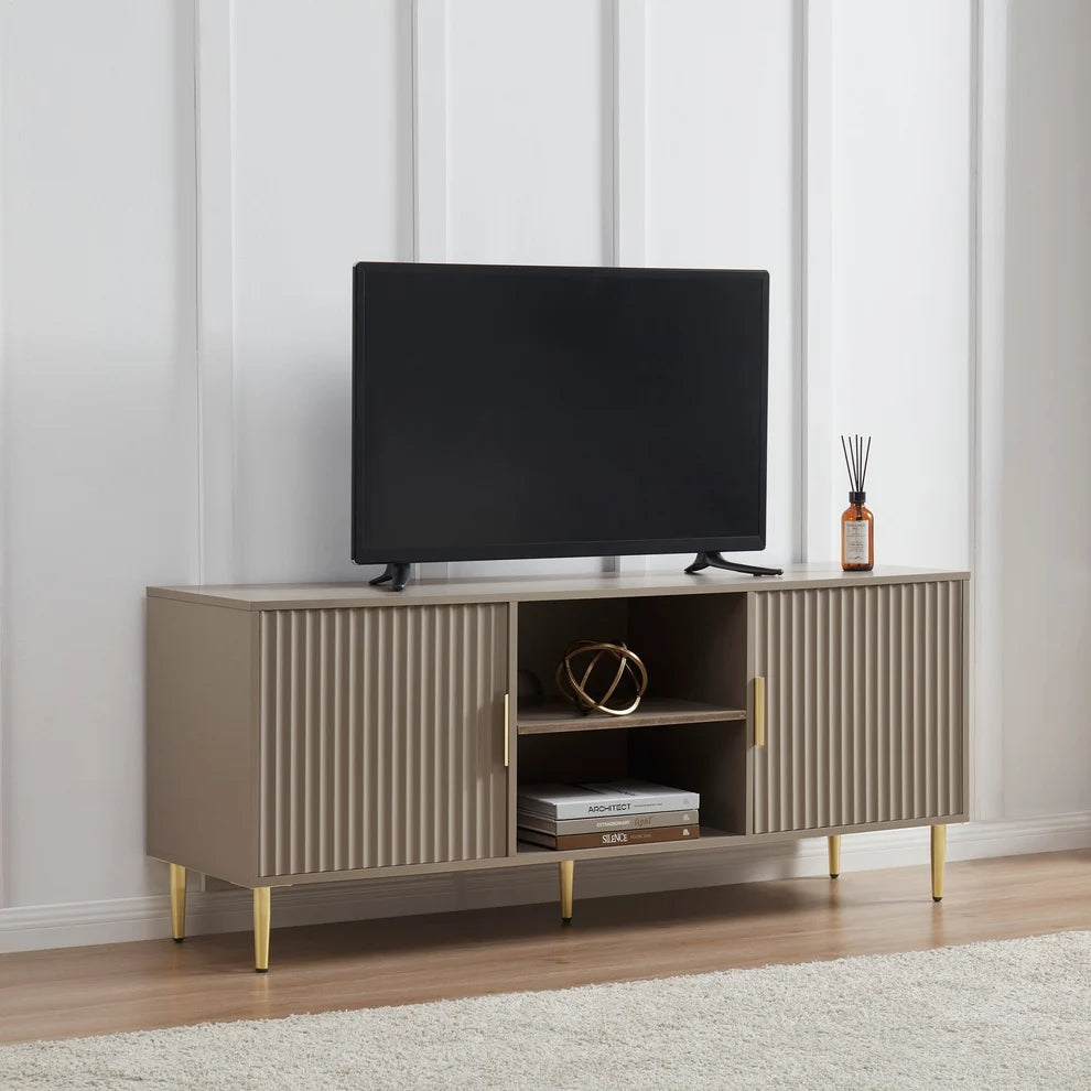 Taupe Wooden TV Unit with 2 Fluted Doors & Open Shelves furnitell