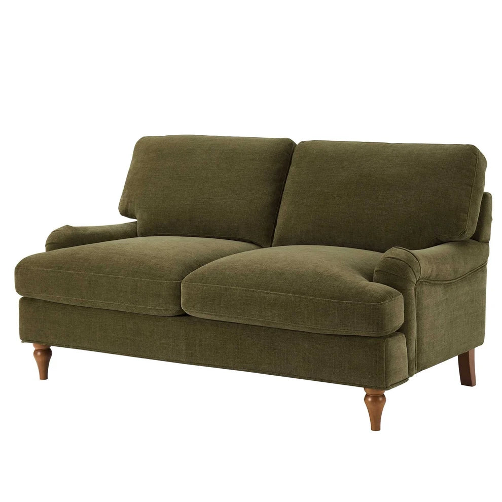 Olive Green 2 Seater Sofa with Chenille Upholstery & Wooden Legs furnitell