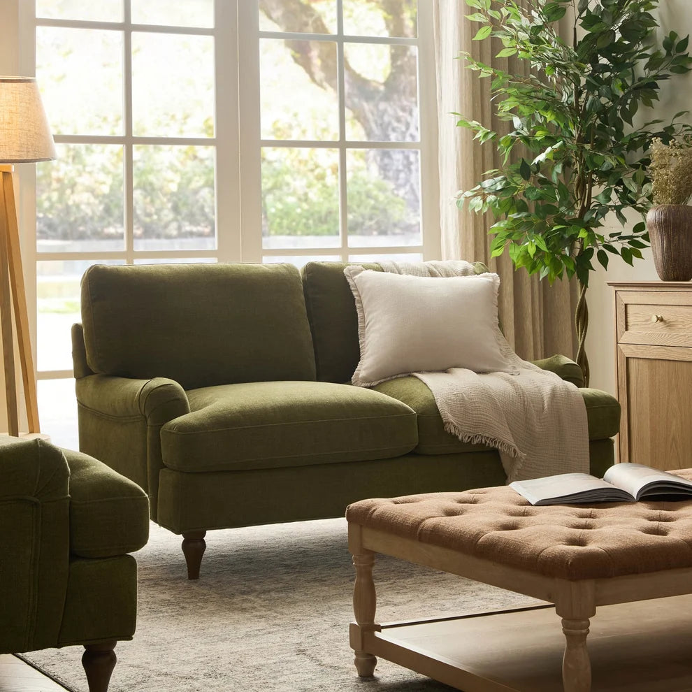 Olive Green 2 Seater Sofa with Chenille Upholstery & Wooden Legs furnitell