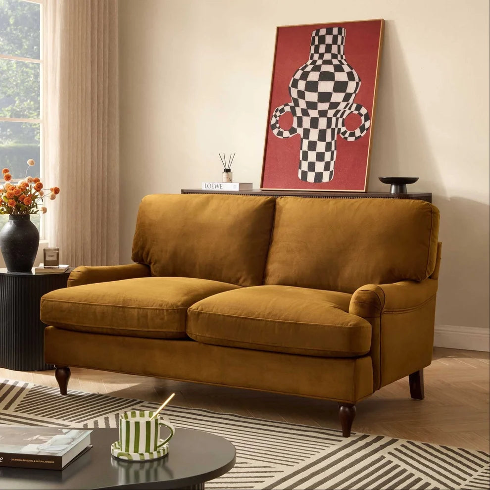 Mustard 2 Seater Sofa with Plush Cushions & Wooden Legs Furnitell