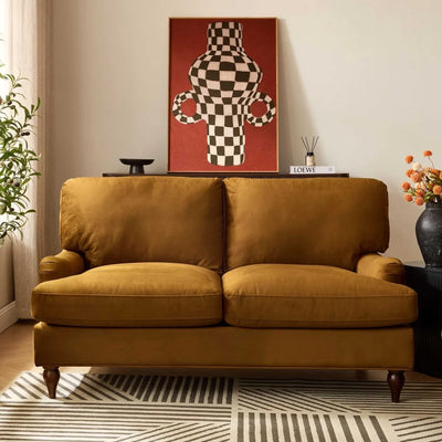 Mustard 2 Seater Sofa with Plush Cushions & Wooden Legs Furnitell