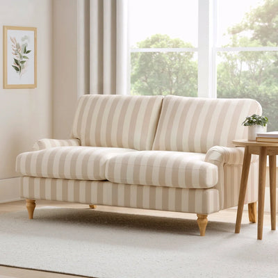 Natural Stripe 2 Seater Sofa with Plush Cushions & Wooden Legs Furnitell