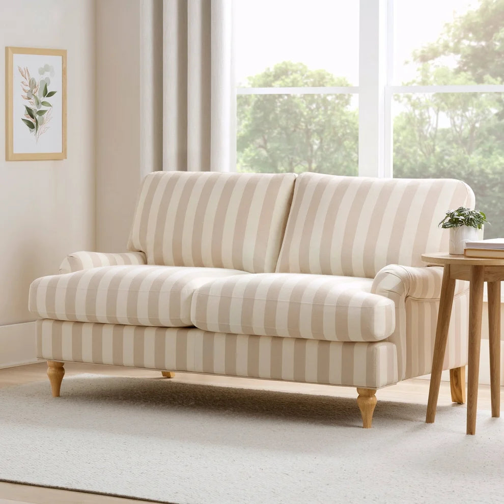Natural Stripe 2 Seater Sofa with Plush Cushions & Wooden Legs Furnitell