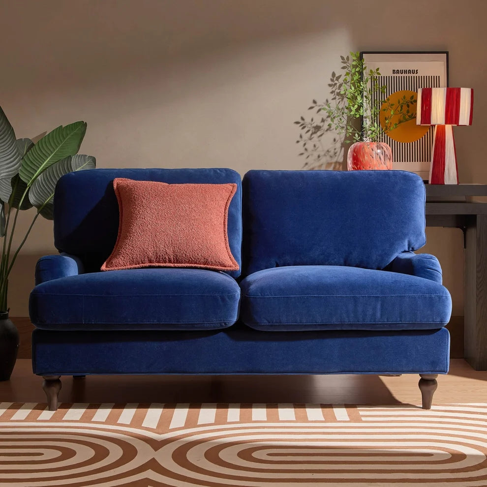 Royal Blue 2 Seater Sofa with Plush Cushions & Wooden Legs furnitell