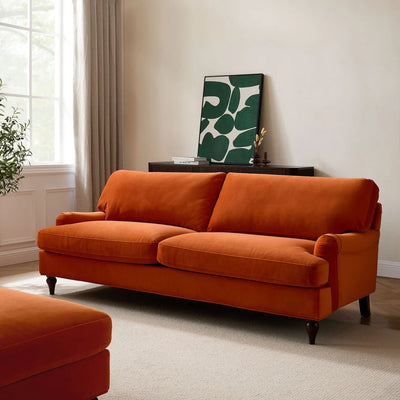 Bright Orange 3 Seater Sofa with Plush Cushions & Wooden Legs Furnitell