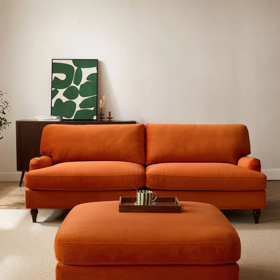 Bright Orange 3 Seater Sofa with Plush Cushions & Wooden Legs Furnitell