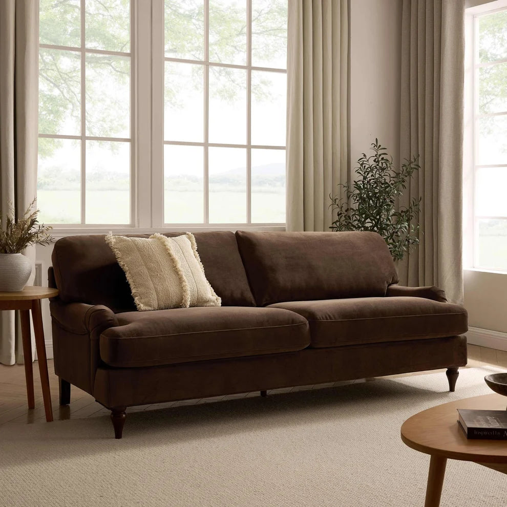 Cappuccino Brown 3 Seater Sofa with Plush Cushions & Wooden Legs furnitell