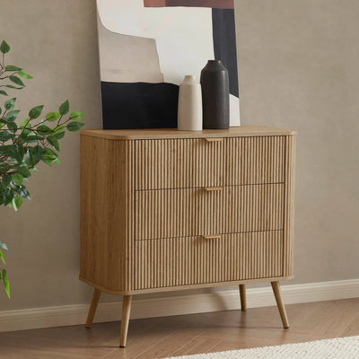 Light Wood Fluted 3 Drawer Chest Furnitell