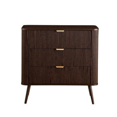Walnut 3 Drawer Chest with Fluted Front & Gold Handles Furnitell