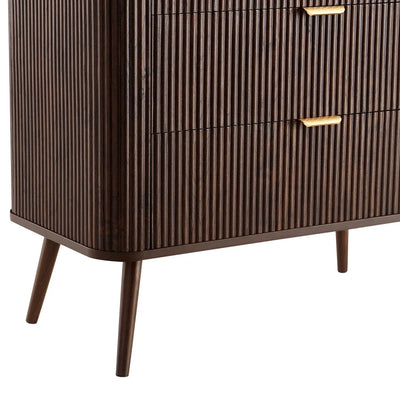 Walnut 3 Drawer Chest with Fluted Front & Gold Handles Furnitell