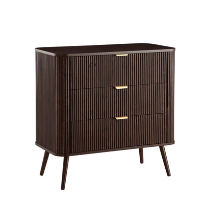 Walnut 3 Drawer Chest with Fluted Front & Gold Handles Furnitell