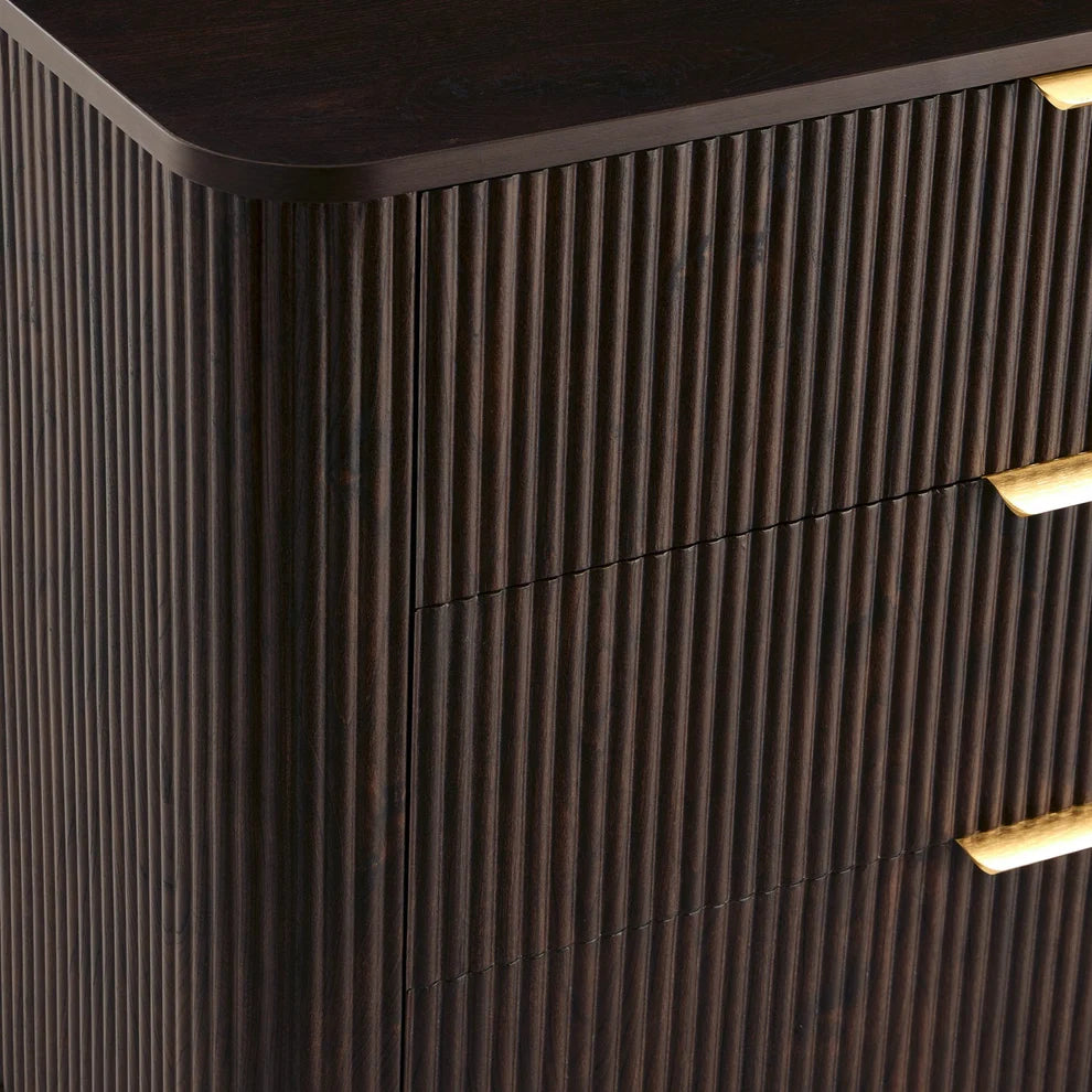 Walnut 3 Drawer Chest with Fluted Front & Gold Handles Furnitell