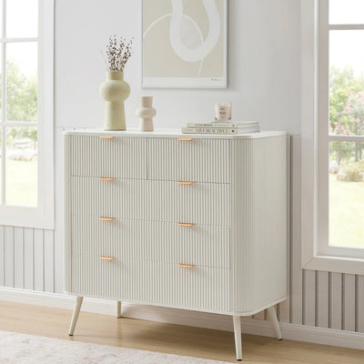 Warm White 5 Drawer Chest with Fluted Front & Angled Legs furnitell