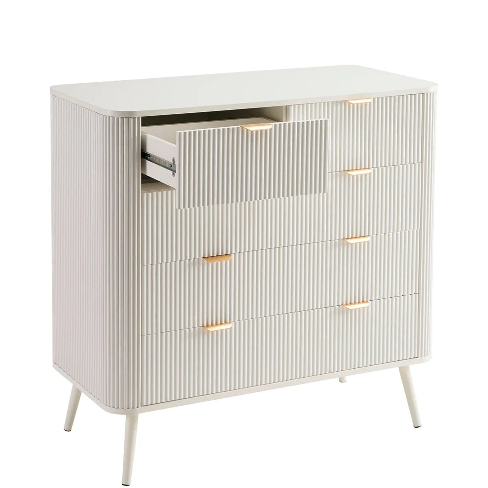 Warm White 5 Drawer Chest with Fluted Front & Angled Legs furnitell
