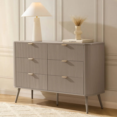 Taupe 6 Drawer Chest with Fluted Front & Angled Legs furnitell