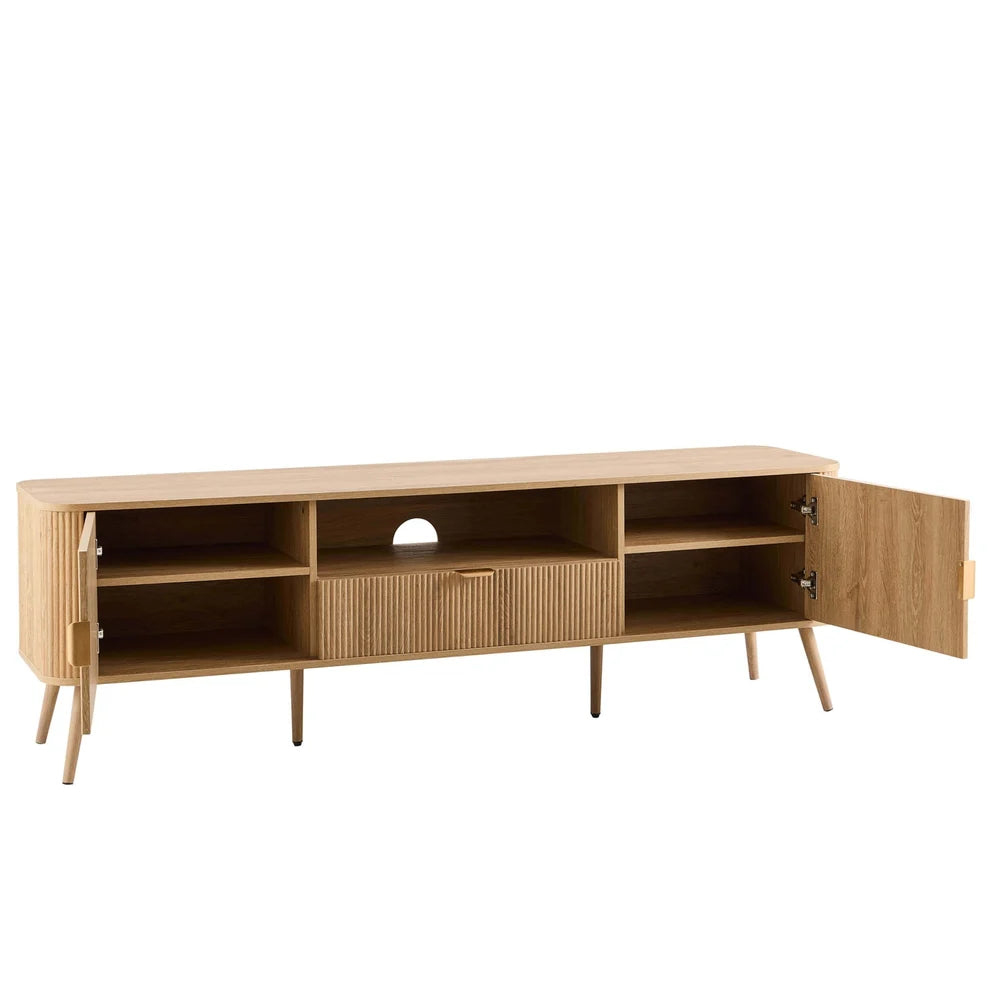 Light Wood TV Unit with 2 Fluted Doors, Drawer & Open Shelf Furnitell
