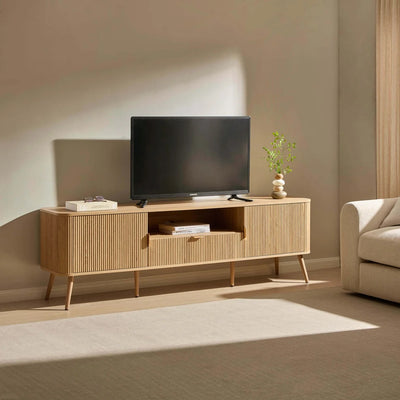 Light Wood TV Unit with 2 Fluted Doors, Drawer & Open Shelf Furnitell