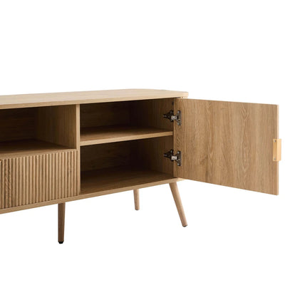 Light Wood TV Unit with 2 Fluted Doors, Drawer & Open Shelf Furnitell