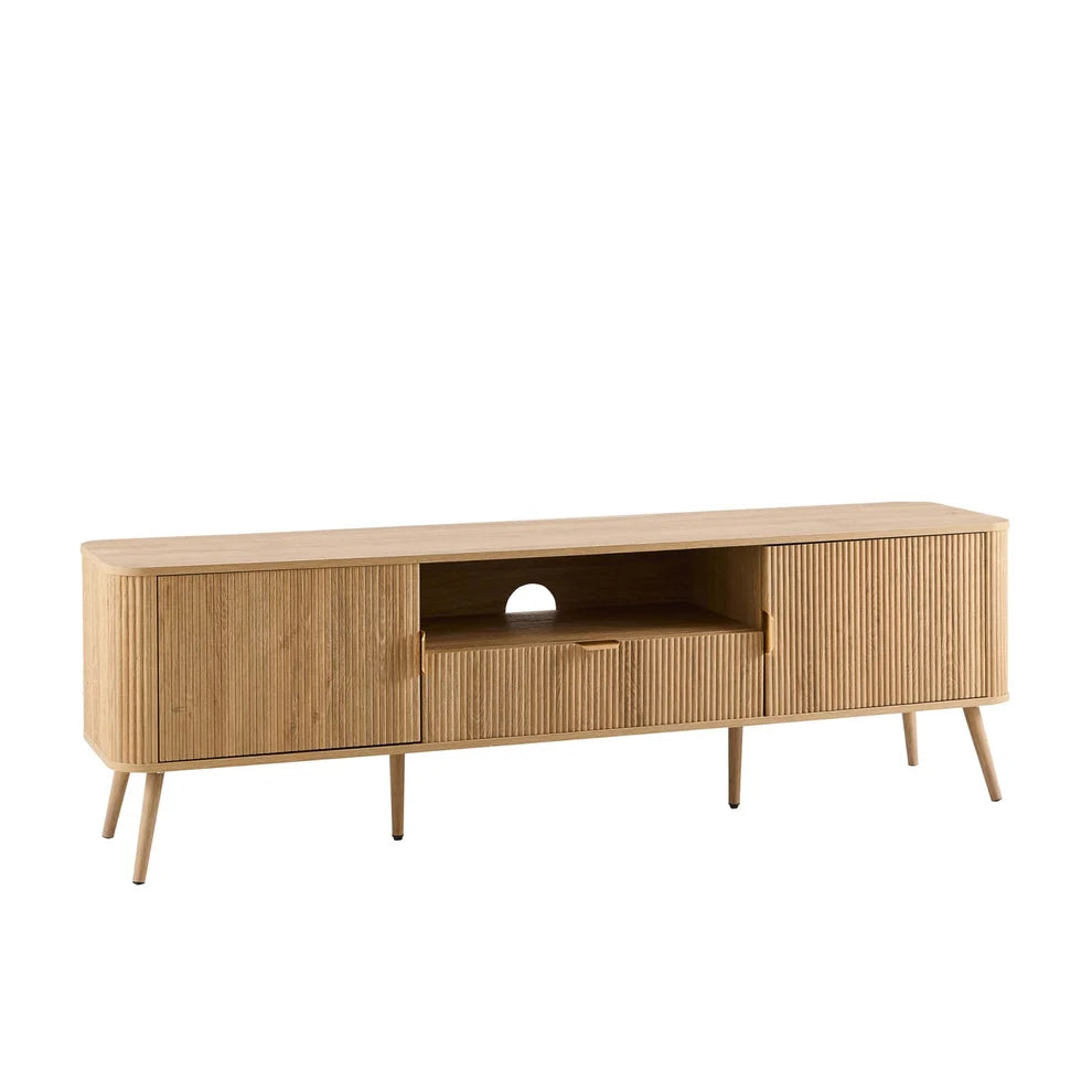 Light Wood TV Unit with 2 Fluted Doors, Drawer & Open Shelf Furnitell