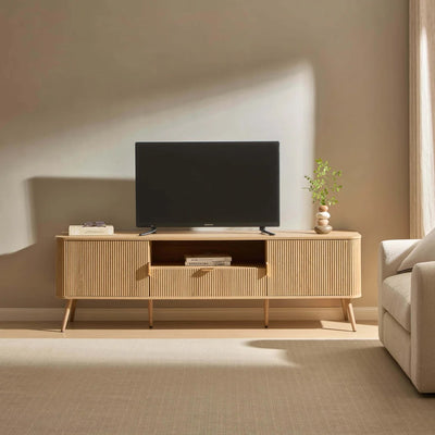 Light Wood TV Unit with 2 Fluted Doors, Drawer & Open Shelf Furnitell
