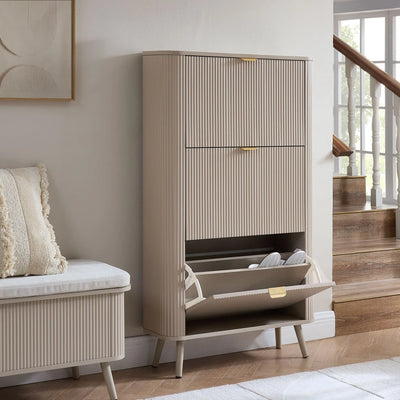 Taupe Fluted Shoe Cabinet with 3 Doors & Raised Legs Furnitell