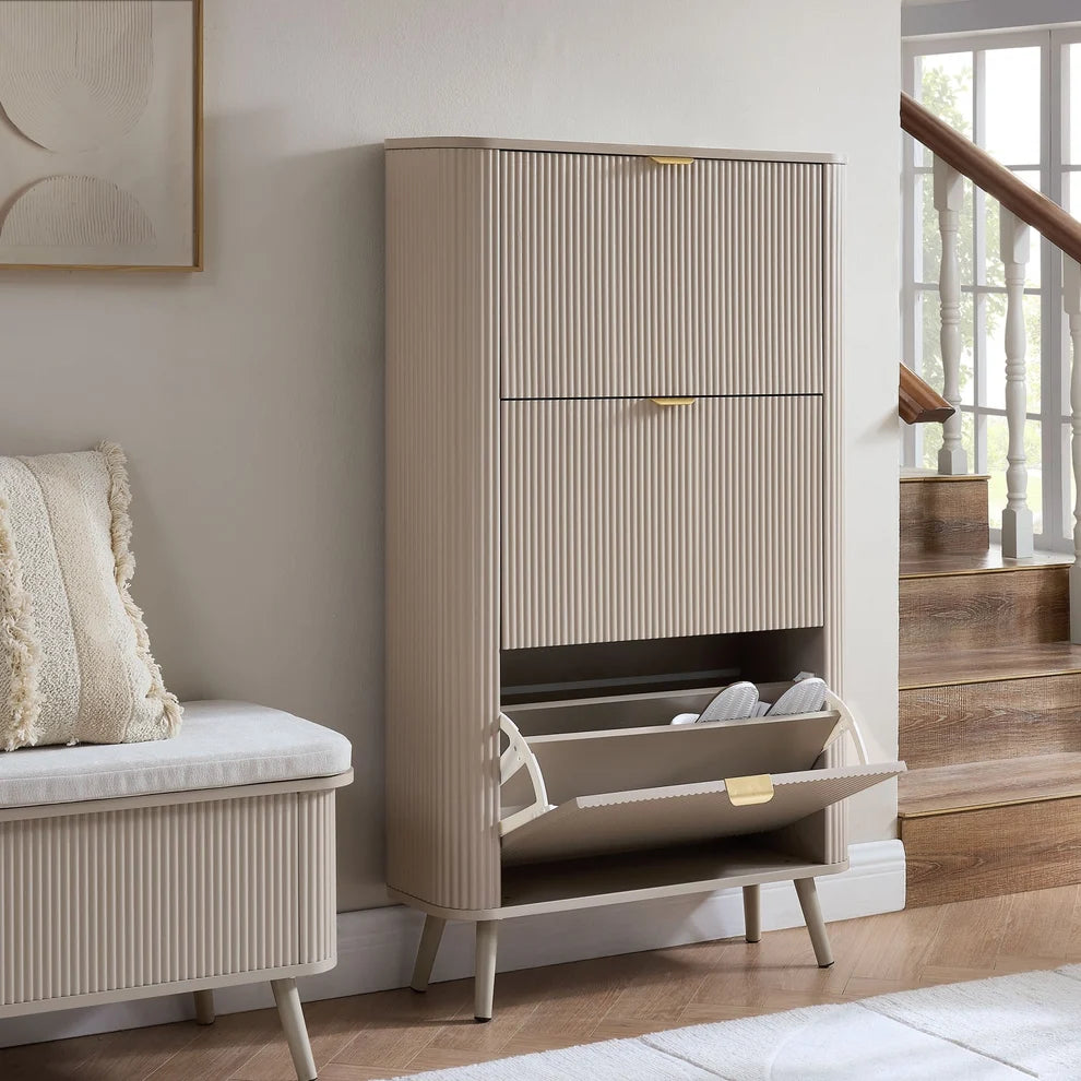 Taupe Fluted Shoe Cabinet with 3 Doors & Raised Legs Furnitell