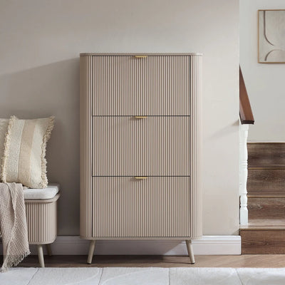 Taupe Fluted Shoe Cabinet with 3 Doors & Raised Legs Furnitell