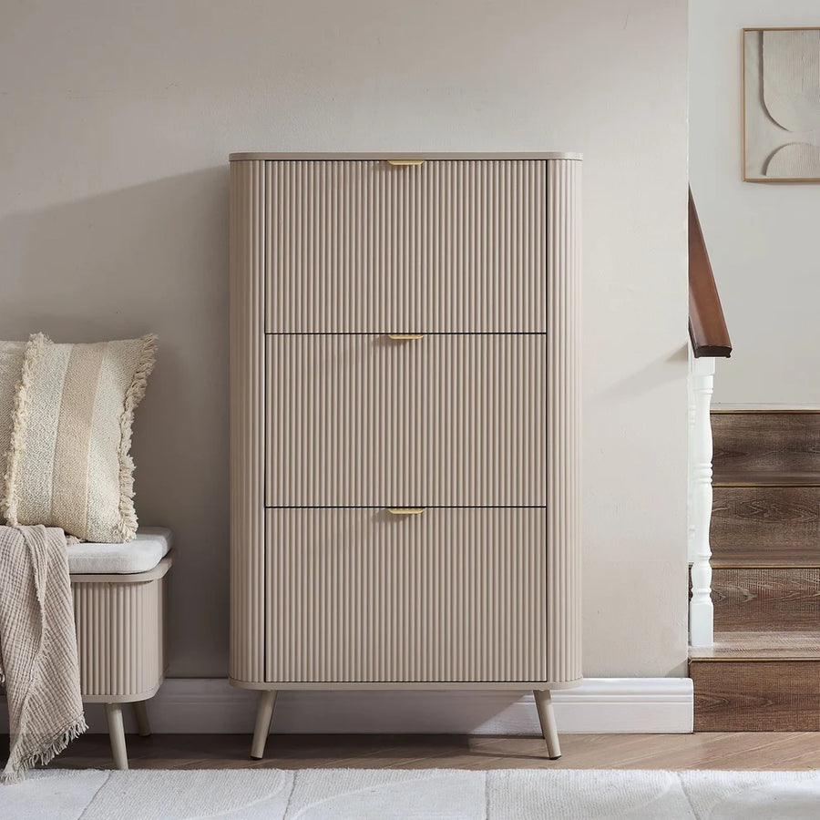 Taupe Fluted Shoe Cabinet with 3 Doors & Raised Legs Furnitell
