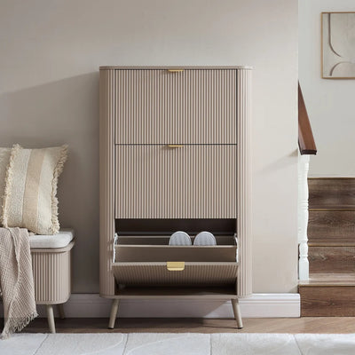Taupe Fluted Shoe Cabinet with 3 Doors & Raised Legs Furnitell