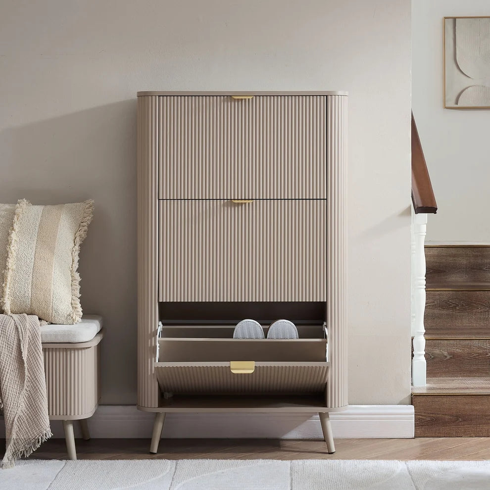 Taupe Fluted Shoe Cabinet with 3 Doors & Raised Legs Furnitell