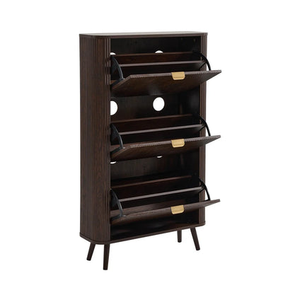 Walnut Wooden Shoe Cabinet with 3 Flip Drawers & Vertical Slatted Design Furnitell