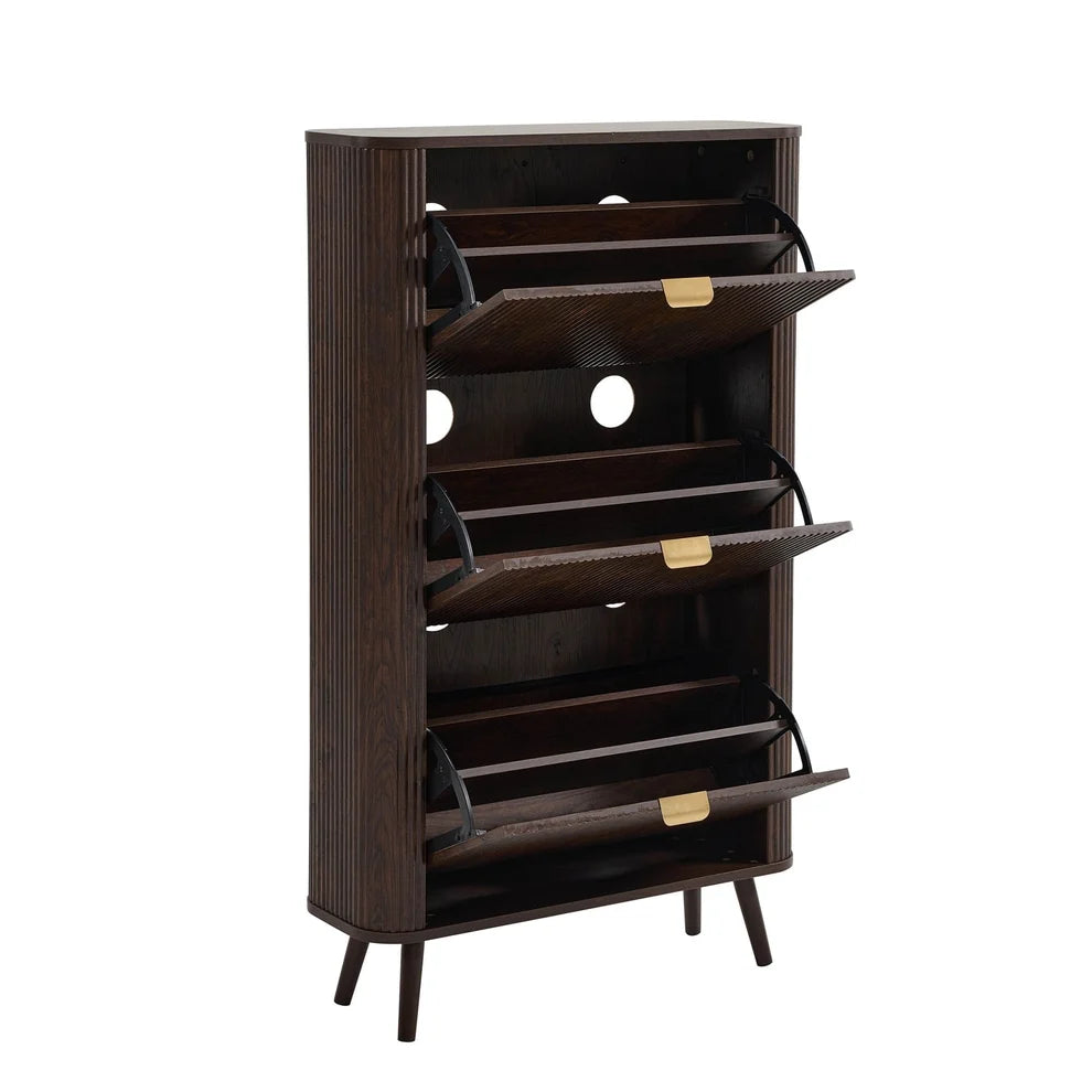 Walnut Wooden Shoe Cabinet with 3 Flip Drawers & Vertical Slatted Design Furnitell