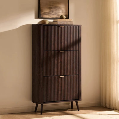 Walnut Wooden Shoe Cabinet with 3 Flip Drawers & Vertical Slatted Design Furnitell