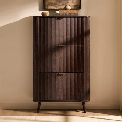Walnut Wooden Shoe Cabinet with 3 Flip Drawers & Vertical Slatted Design Furnitell