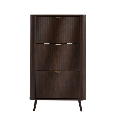 Walnut Wooden Shoe Cabinet with 3 Flip Drawers & Vertical Slatted Design Furnitell
