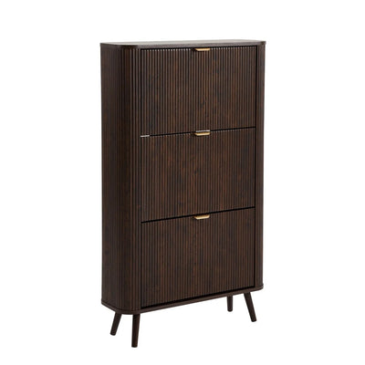 Walnut Wooden Shoe Cabinet with 3 Flip Drawers & Vertical Slatted Design Furnitell