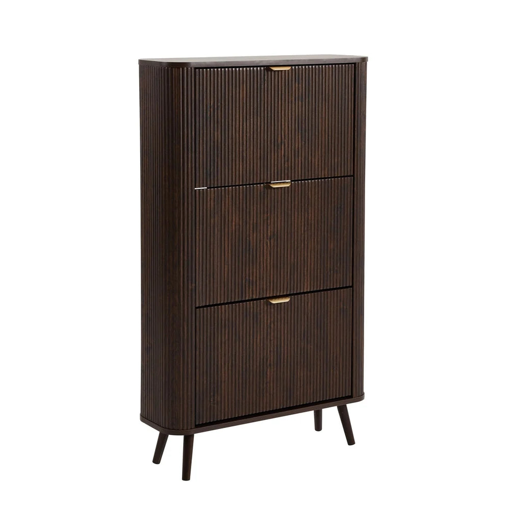 Walnut Wooden Shoe Cabinet with 3 Flip Drawers & Vertical Slatted Design Furnitell