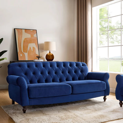 Royal Blue 3 Seater Sofa with Tufted Back & Rolled Arms furnitell